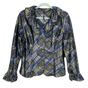 Samuel Dong Ruffle Button Down Blouse Medium Rose Plaid Floral Old Money Career